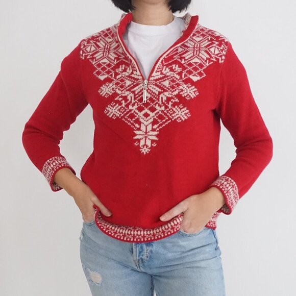 Vintage Parkhurst Weekend Red Cream Quarter Zip Winter Snowflake Knit Sweater S - Picture 1 of 10